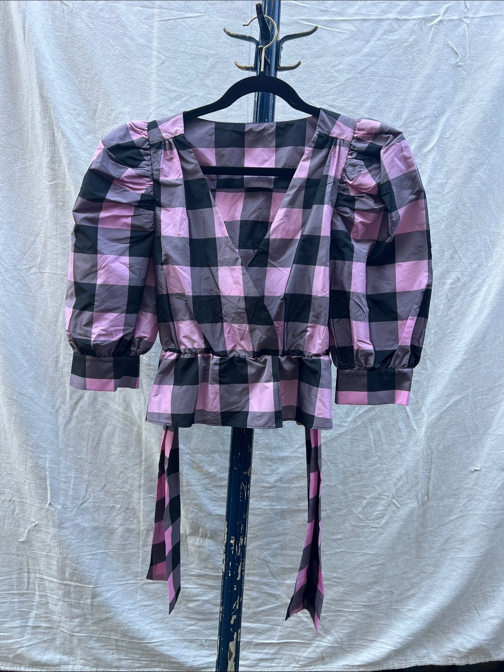 Pink and Black Gingham Puff-Sleeve Wrap Top